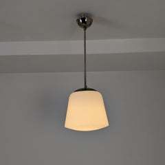 Industrial Style Pendant in Nickled Brass & White Opal Glass, Melva 1950s