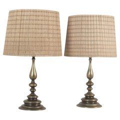 Pair of Baroque Revival Table Lamps, Cast Brass & Rattan Shades, Finland 1950s