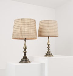 Pair of Baroque Revival Table Lamps, Cast Brass & Rattan Shades, Finland 1950s