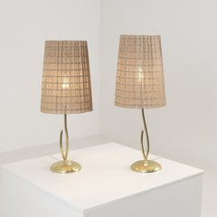 Pair of Mid-Century Valinte Table Lamps in Brass & Rattan Shades, Finland 1950s