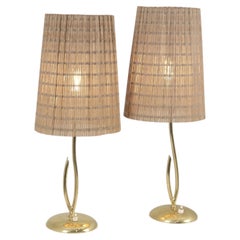 Pair of Mid-Century Valinte Table Lamps in Brass & Rattan Shades, Finland 1950s