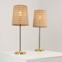 Pair of Lisa Johansson-Papé Table Lamps Model 2059, Brass & Rattan, Orno 1950s