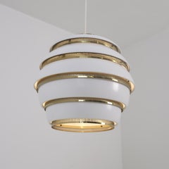 Alvar Aalto "Beehive" Pendant Model A331, White & Brass, Artek Finland, 1990s