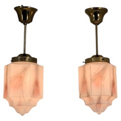 Pair of Art Deco Style Pendants in Brass and Marbled Glass, Late 20th Century