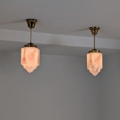 Pair of Art Deco Style Pendants in Brass and Marbled Glass, Late 20th Century