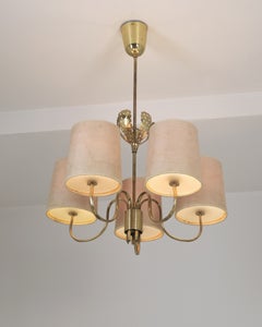 Paavo Tynell Chandelier Model 9030 in Brass & Original Shades, Taito 1940s