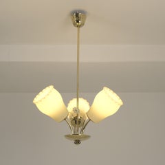 Finnish Floral Mid-Century Brass and Glass Chandelier, Probably Itsu, 1950s