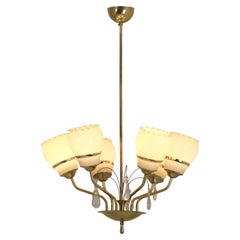 Six Arm Vintage Itsu Chandelier, Brass, Glass, & Crystals, Finland 1950s