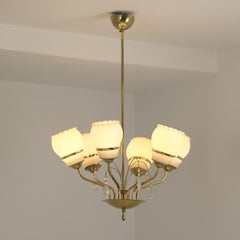 Six Arm Vintage Itsu Chandelier, Brass, Glass, & Crystals, Finland 1950s