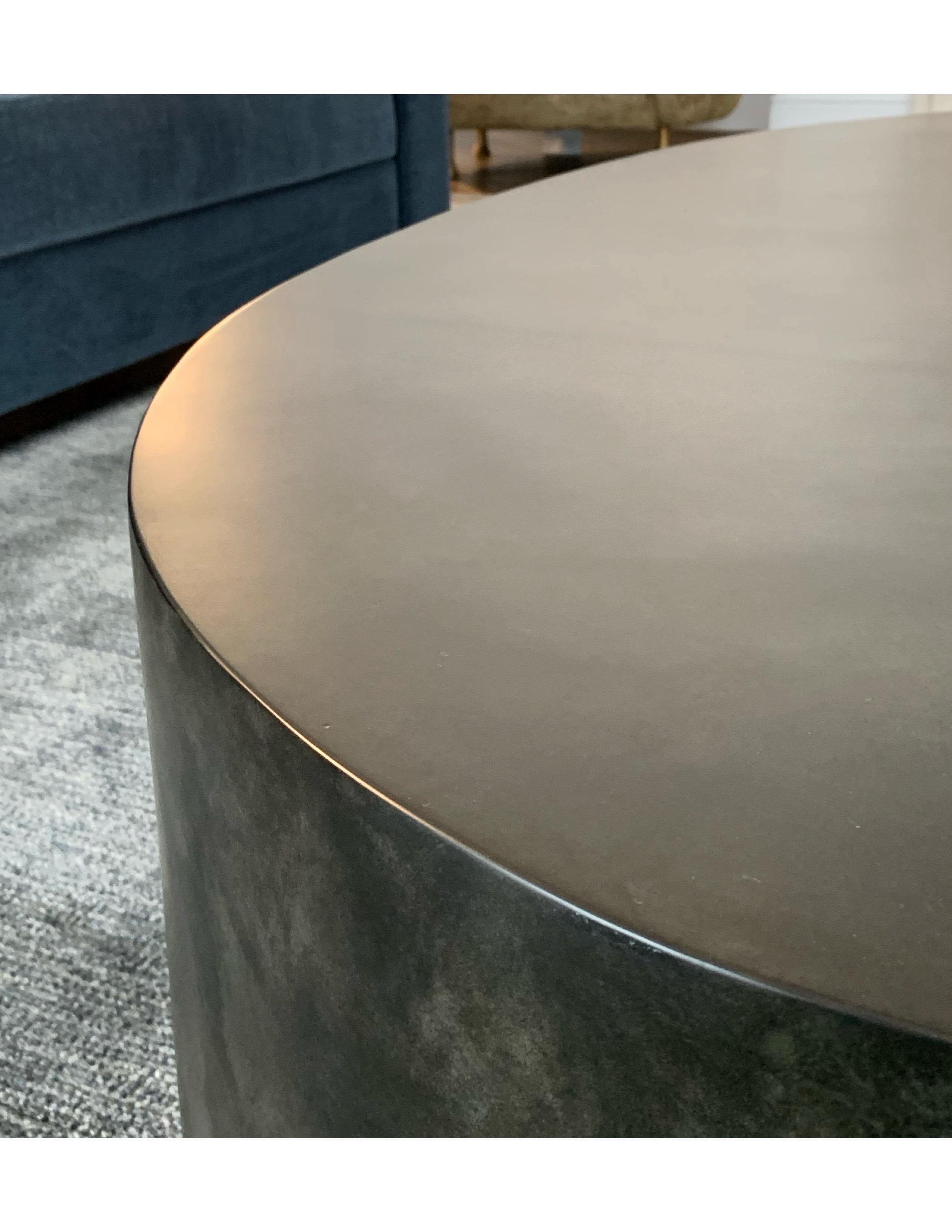 American Modern Oval Coffee Table in Brown Goatskin Parchment on Brass Plinth by Scala
