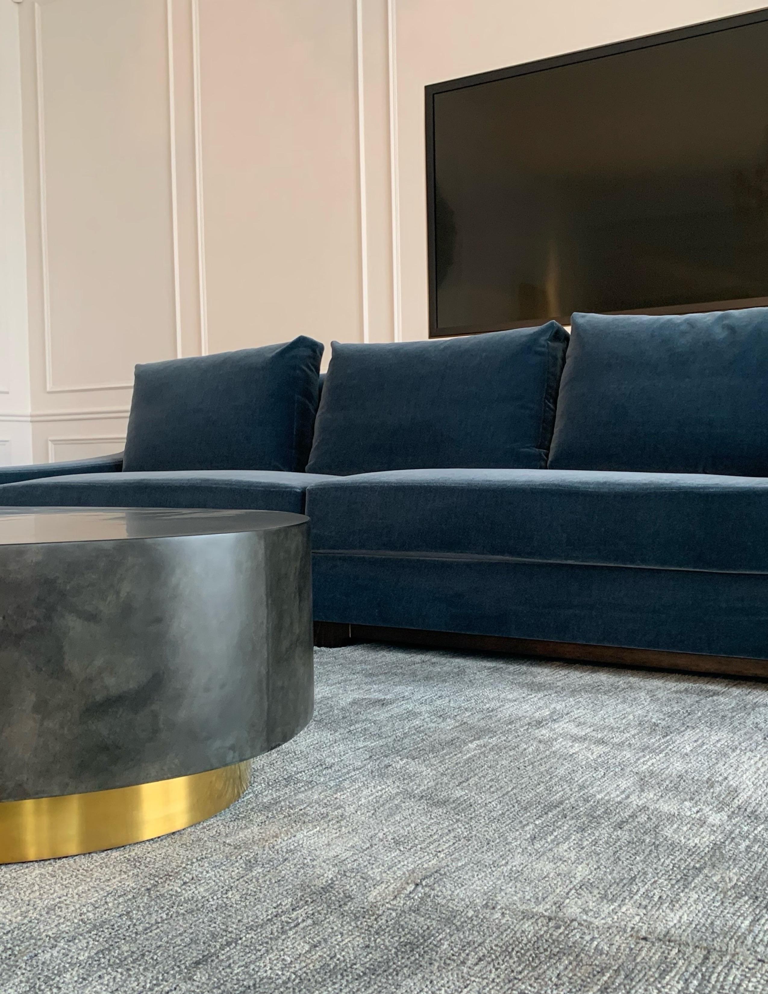 Polished Modern Oval Coffee Table in Brown Goatskin Parchment on Brass Plinth by Scala