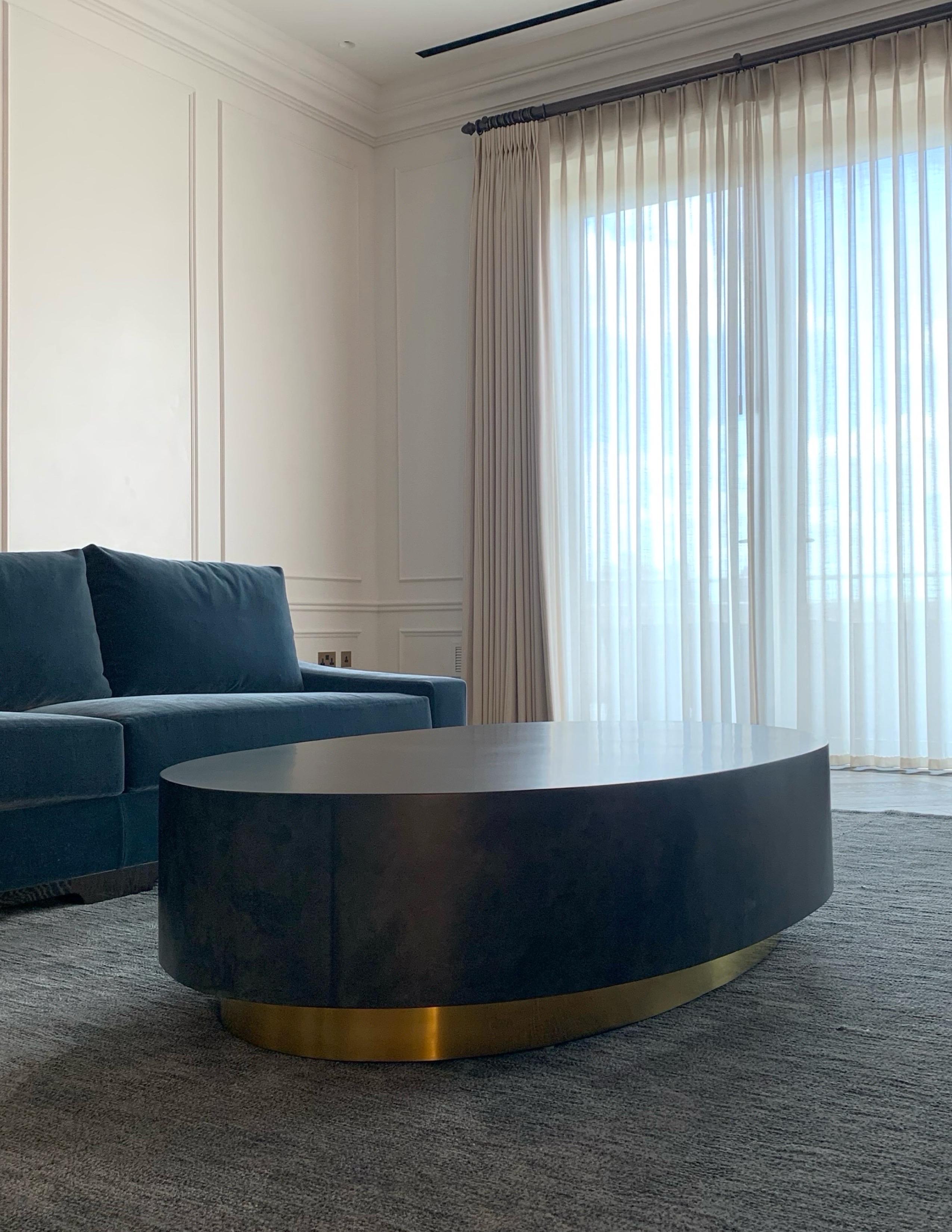 Modern Oval Coffee Table in Brown Goatskin Parchment on Brass Plinth by Scala  In Good Condition In Glasgow, GB