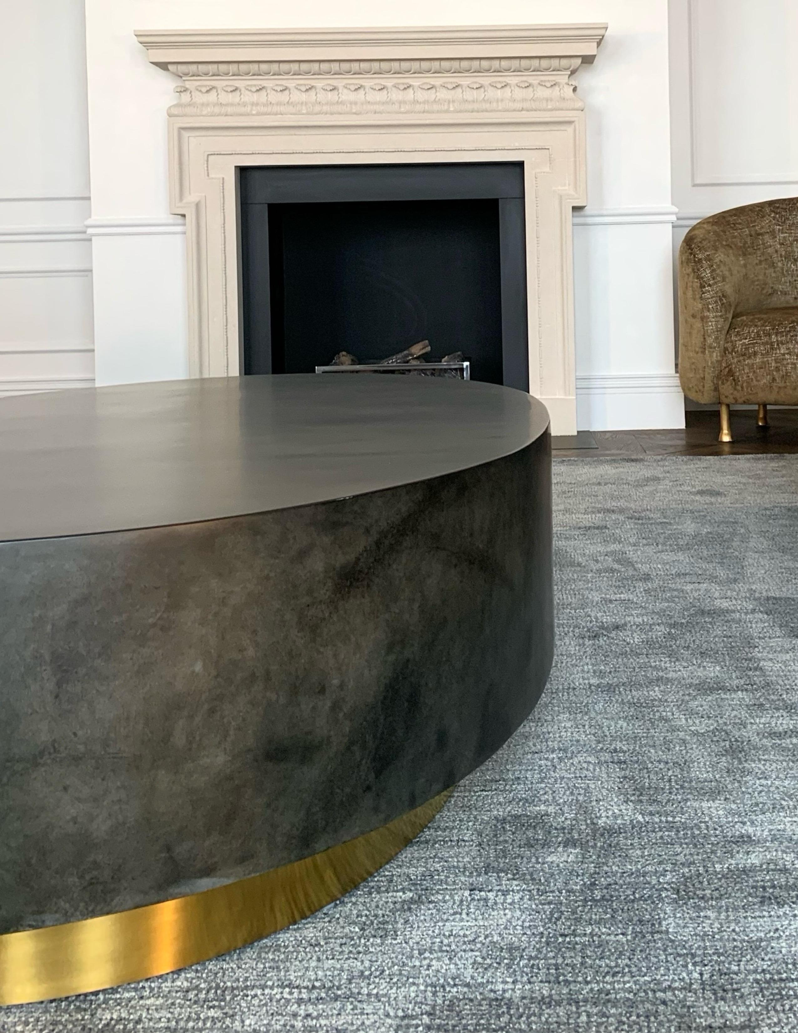 Contemporary Modern Oval Coffee Table in Brown Goatskin Parchment on Brass Plinth by Scala