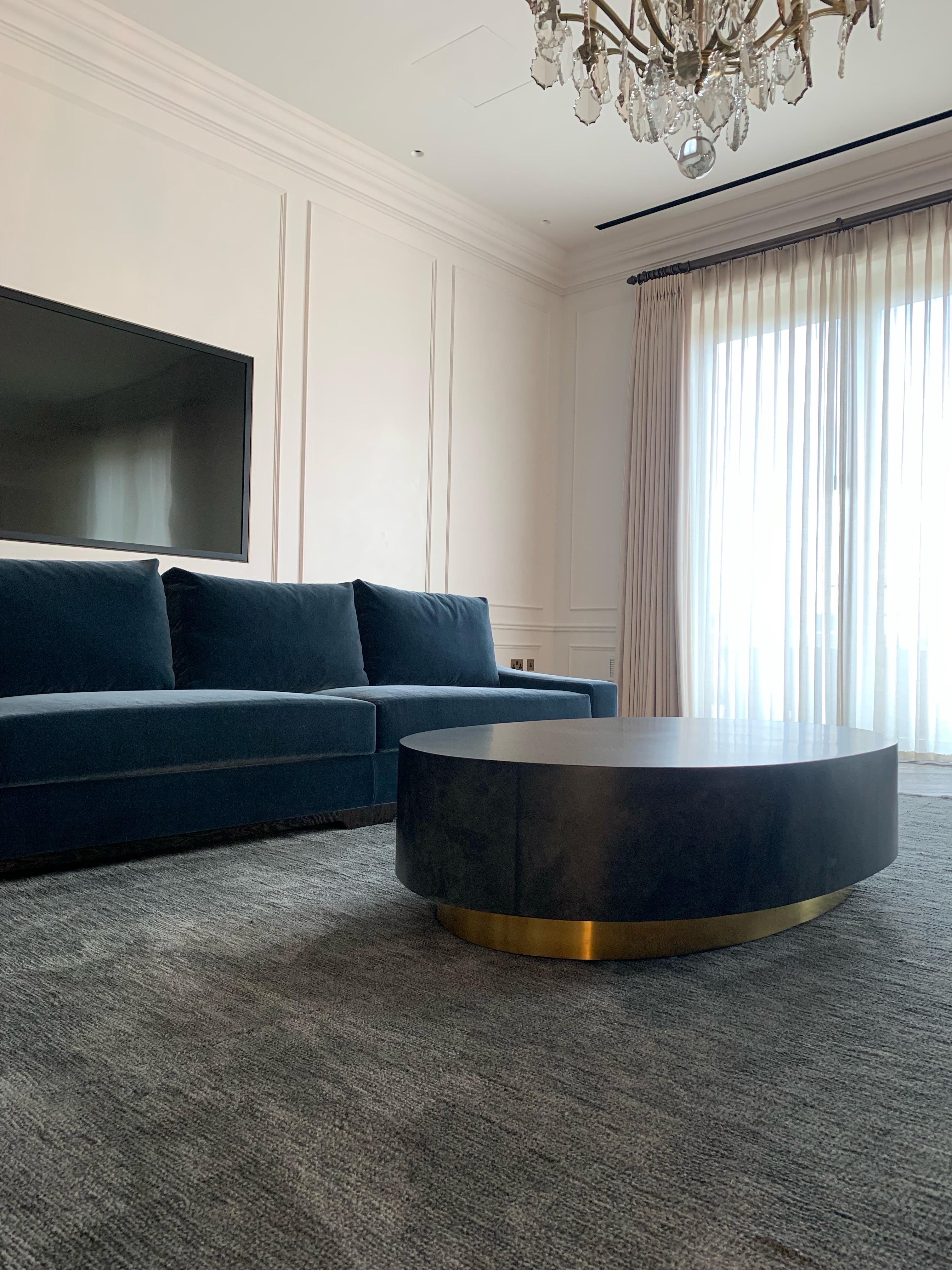 Modern Oval Coffee Table in Brown Goatskin Parchment on Brass Plinth by Scala  1