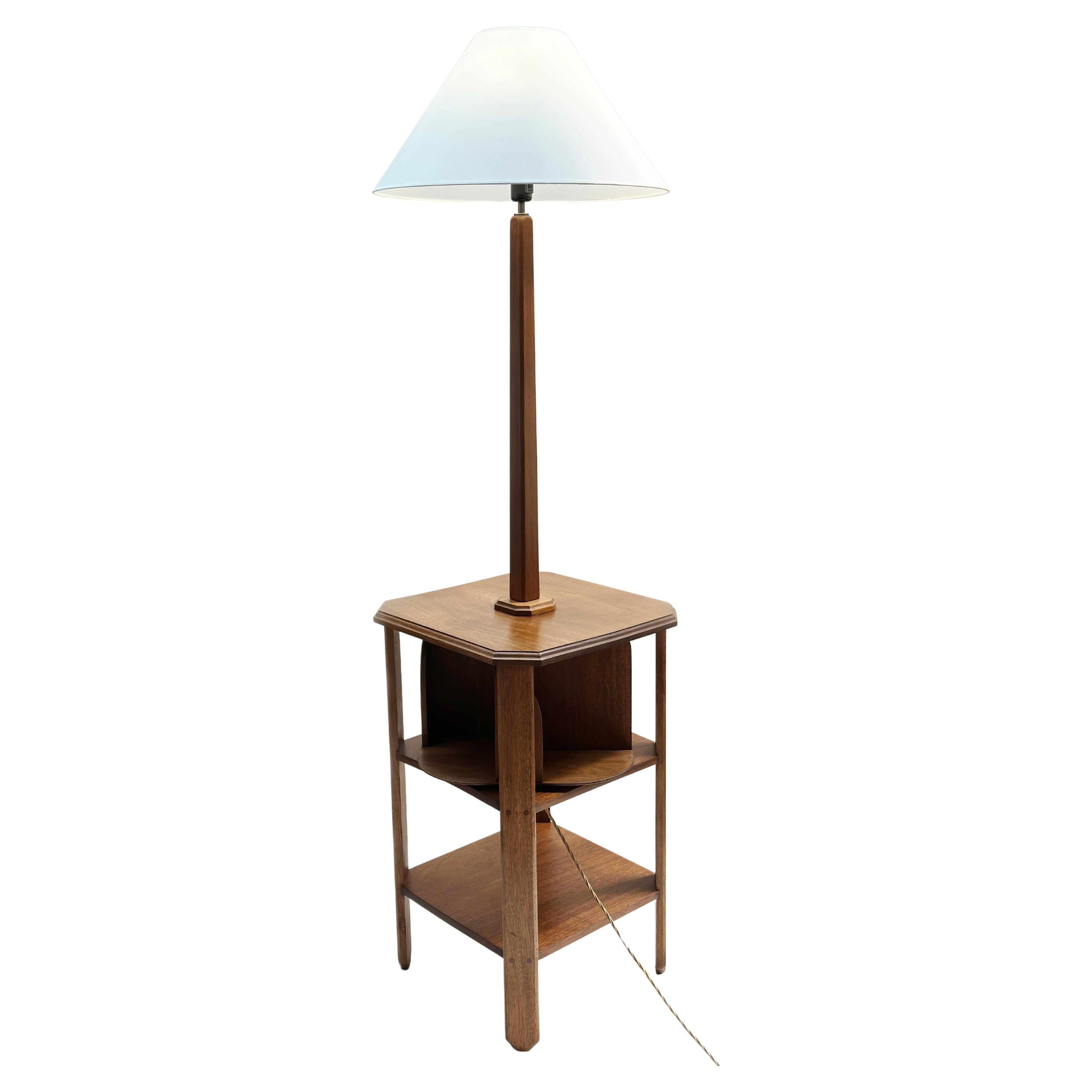 Mid-Century Wooden Side Table with Book Turn and Standard Lamp  For Sale