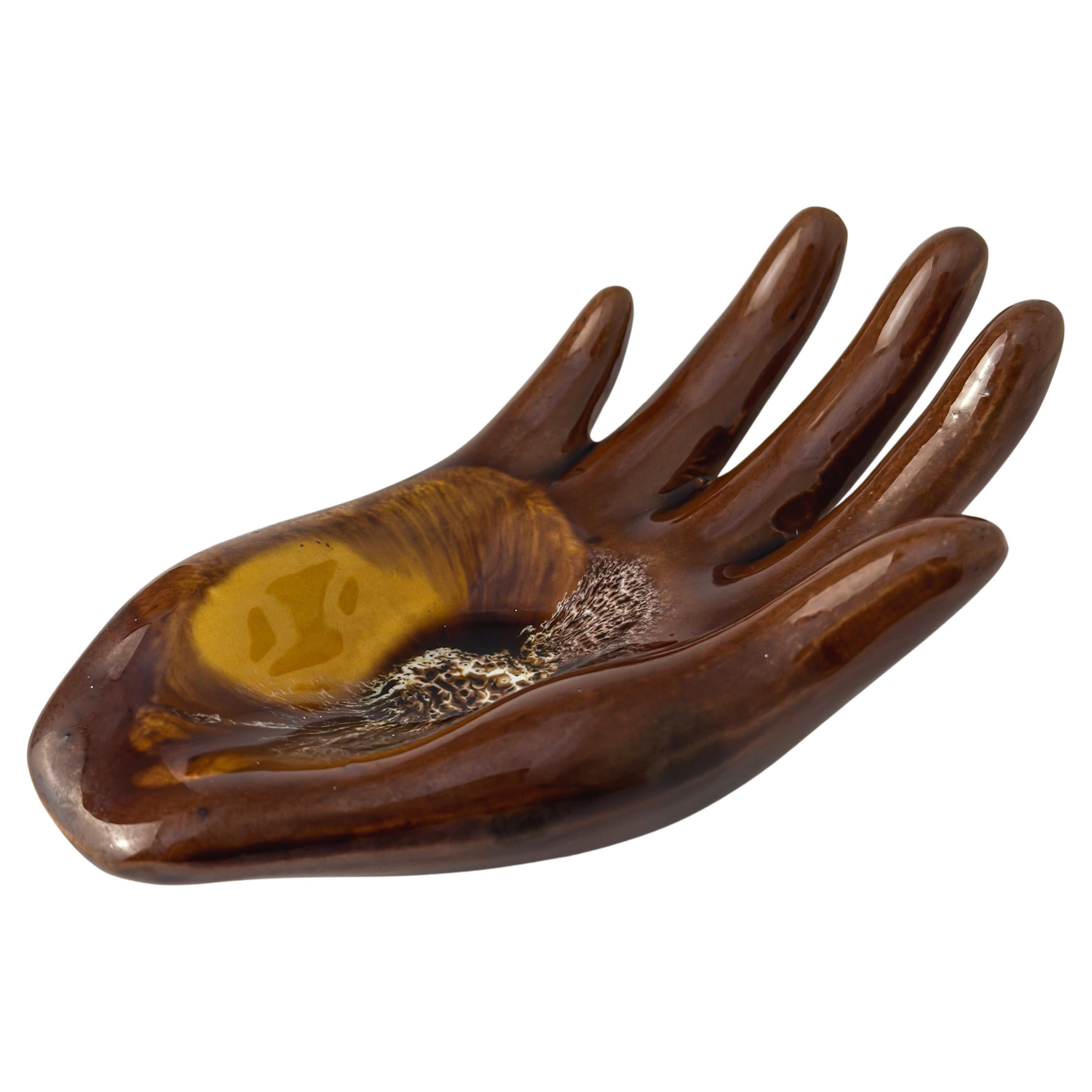 Vallauris Hand-Shaped Ceramic Dish, Brown & Amber Glaze, France, c. 1960s