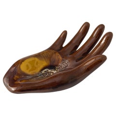 Vallauris Hand-Shaped Ceramic Dish, Brown & Amber Glaze, France, c. 1960s