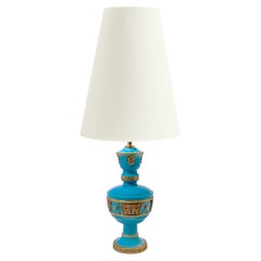 Lampada in ceramica turchese di Ugo Zaccagnini, con dettagli dorati in Asian Style, 1950 ca.