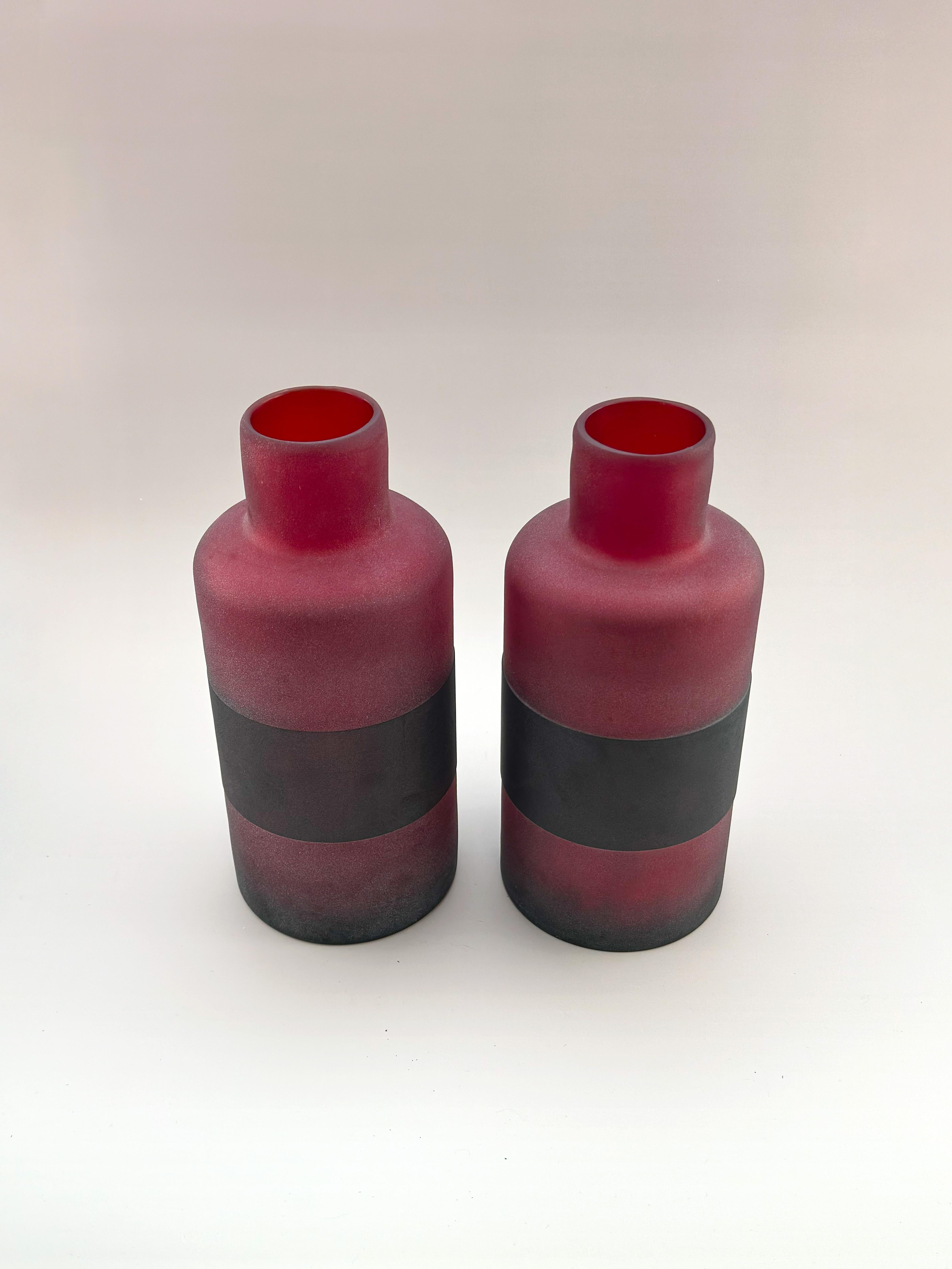 Italian Pair Modern Murano Red Scavo Glass Bottles, Attributed to Cenedese, Italy, 1990 For Sale