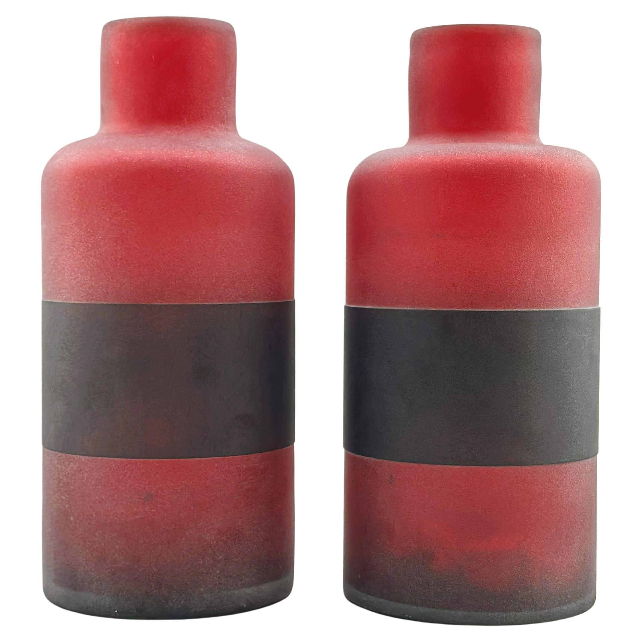 Pair Modern Murano Red Scavo Glass Bottles, Attributed to Cenedese, Italy, 1990 For Sale
