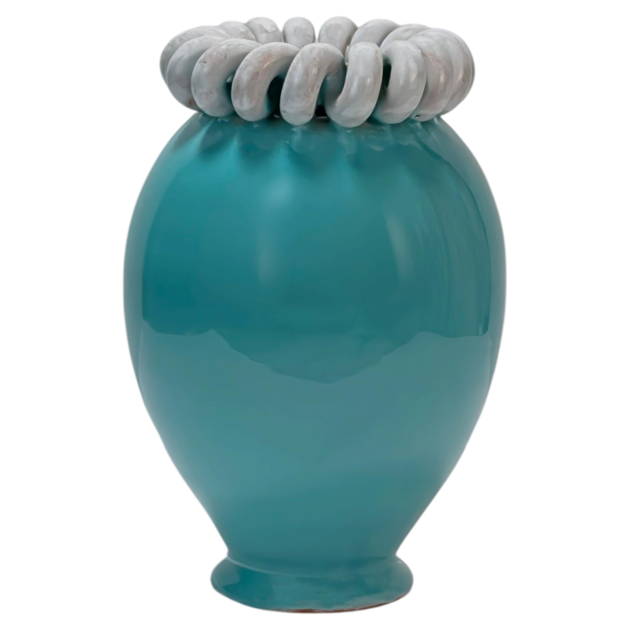 Turquoise Glazed Belgian Ceramic Urn Vase, Mid-20th Century For Sale