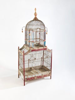 Antique French Pagoda Birdcage, Painted Wood and Iron, Late 19th Century