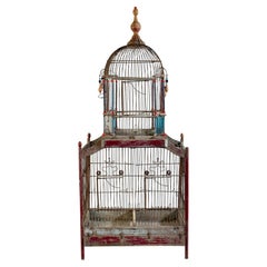Antique French Pagoda Birdcage, Painted Wood and Iron, Late 19th Century