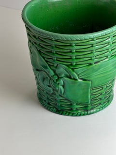 Majolica Basketweave Planter, Mintons, Green Glazed Ceramic, England, 1911