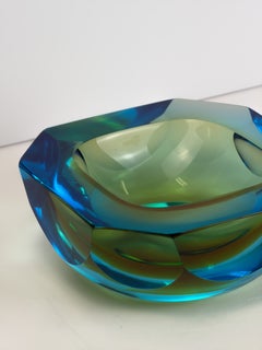 1960s Murano Sommerso Glass Bowl, Blue Chartreuse, Faceted Octagonal