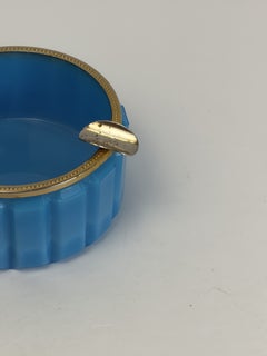 Turquoise Opaline Glass Ashtray, Gilt Brass Rim, Faceted Form, Italy, 1950s