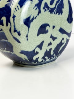 Chinese Blue and White Dragon Moon Flask Vase, Victoria Ironstone, 1970s
