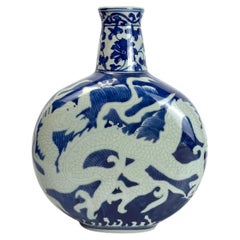 Chinese Blue and White Dragon Moon Flask Vase, Victoria Ironstone, 1970s