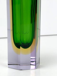 Murano Glass Sommerso Vase, Green, Yellow & Lilac, Hexagonal, 1960s