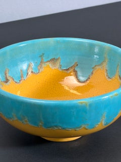 Art Deco Ceramic Bowl by Primavera, Turquoise & Yellow Drip Glaze, 1930s