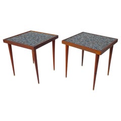 Pair Walnut and Ceramic Tile-Top Tables in the Style of Martz