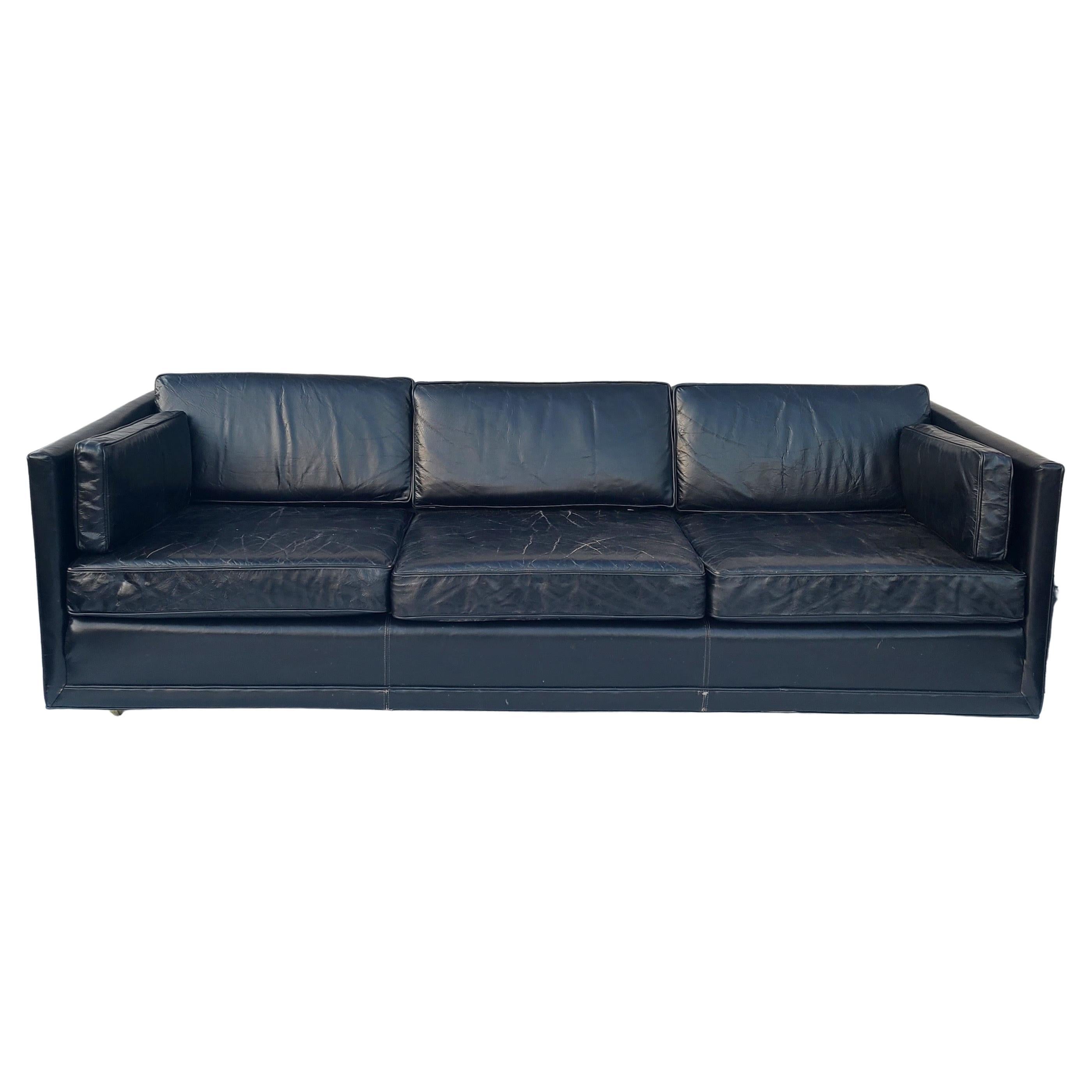Please message us for a cost effective shipping quote to your location.

Mid Century Modern Black Leather Tuxedo Sofa by Charles Pfister for Knoll.
Double Stitched through the backrest.
Cushion foam has been replaced.
Leather seat surfaces show