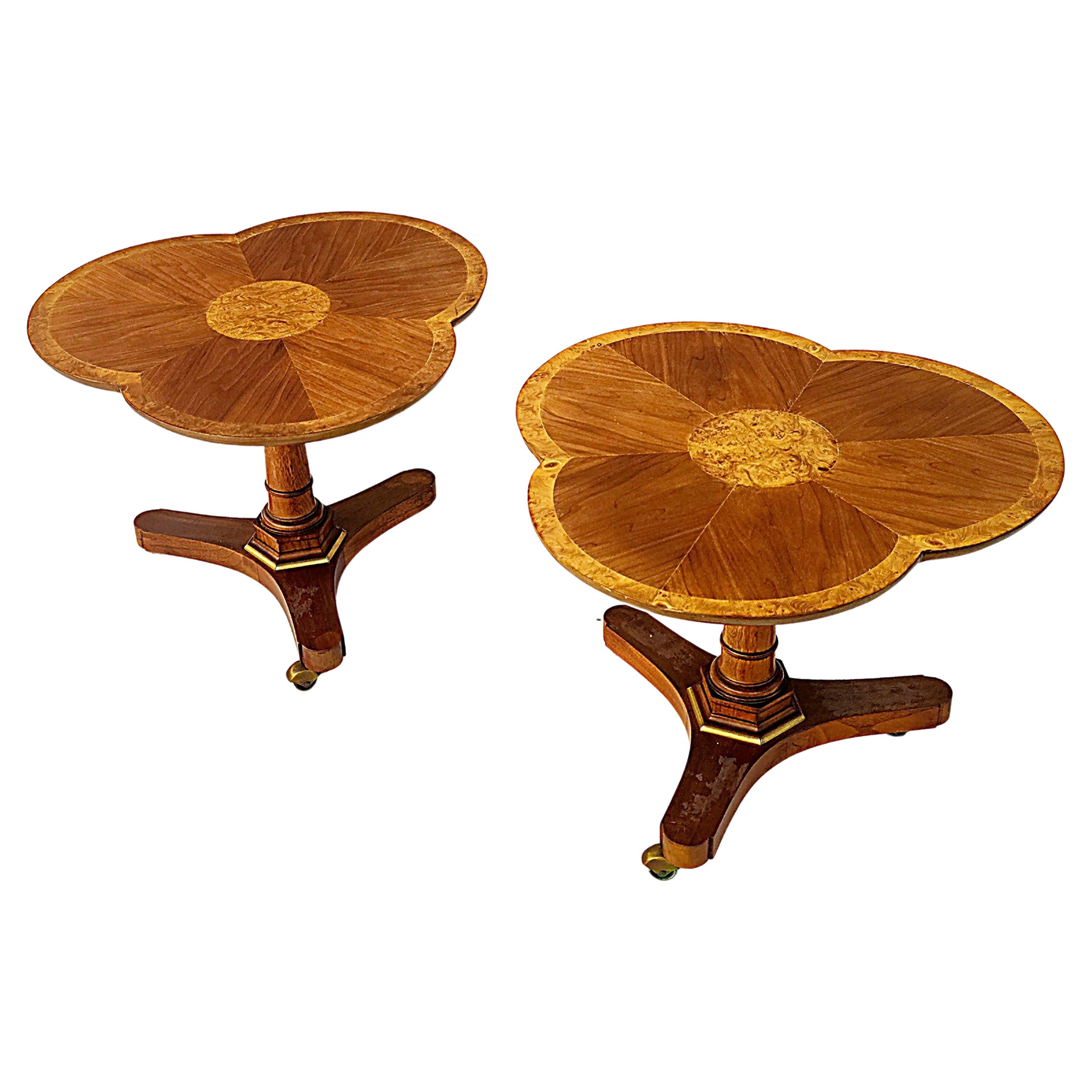 Pair Pansy Flower Gueridon Tables Walnut & Burl in the Style of Baker Furniture For Sale