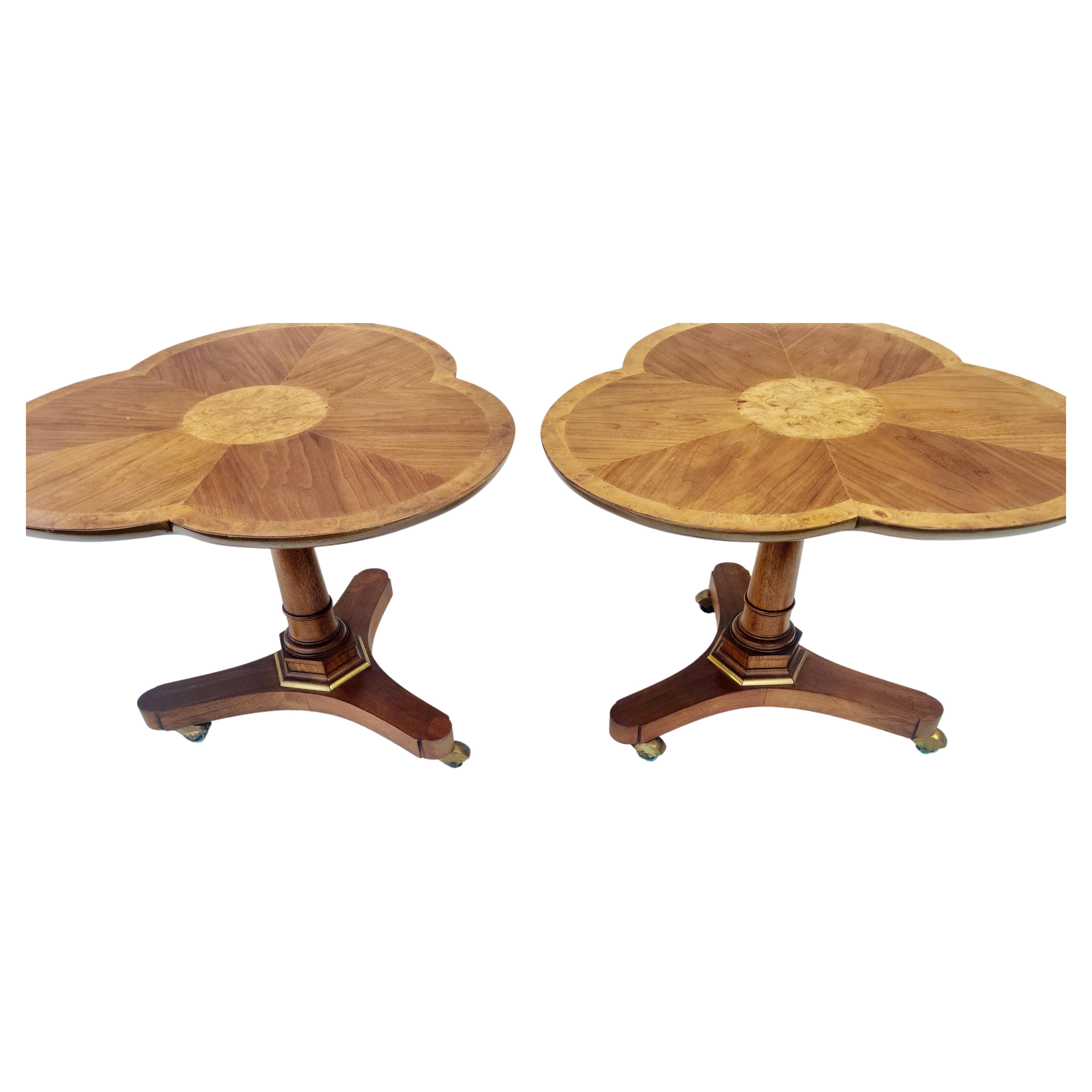Mid-20th Century Pair Pansy Flower Gueridon Tables Walnut & Burl in the Style of Baker Furniture For Sale