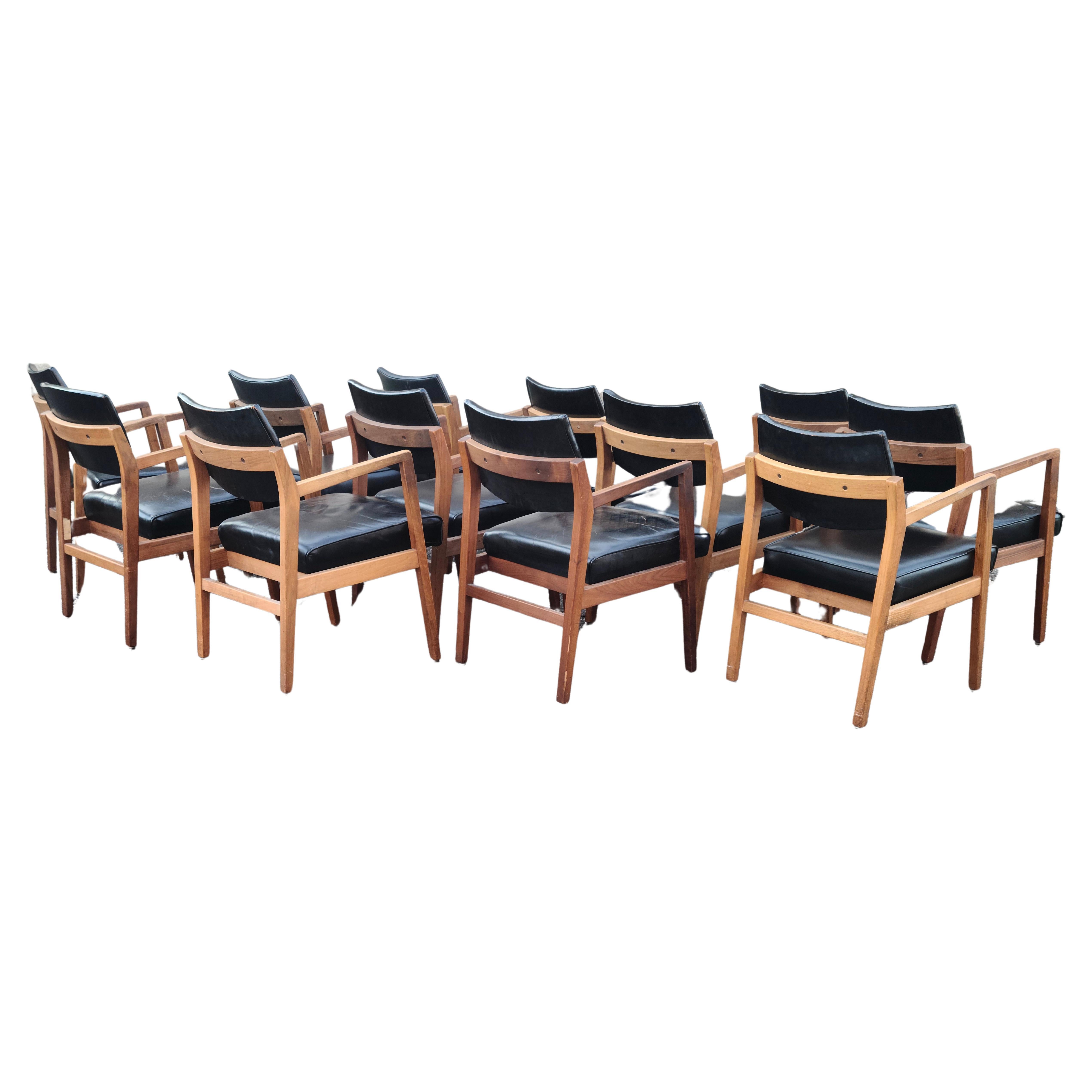Jens Risom Set of 12 Captains Arm Chairs Walnut Leather For Sale