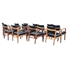 Jens Risom Set of 12 Captains Arm Chairs Walnut Leather
