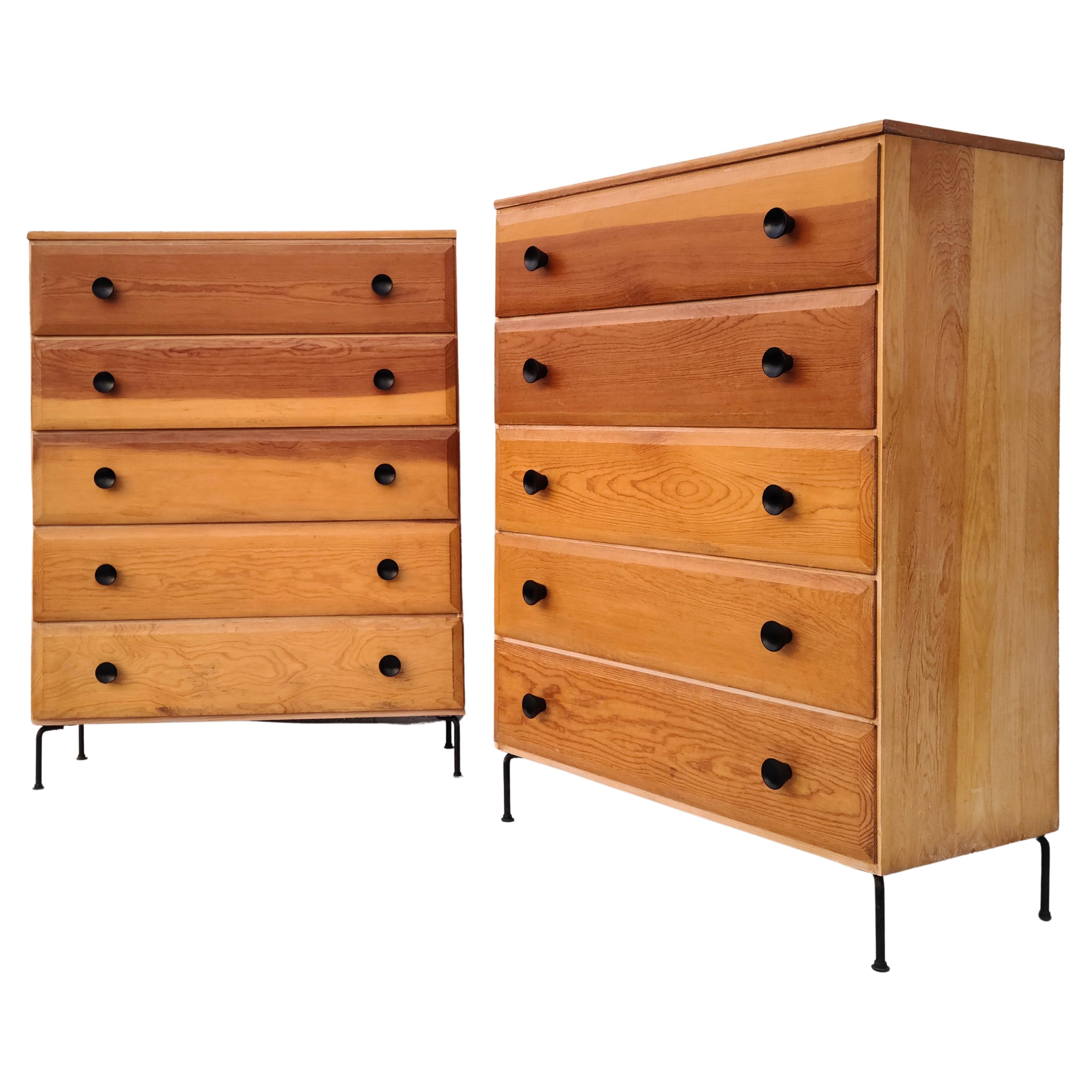 Pair Mid Century 5 Drawer Chests Fir Wood Cool Iron Wire Legs For Sale