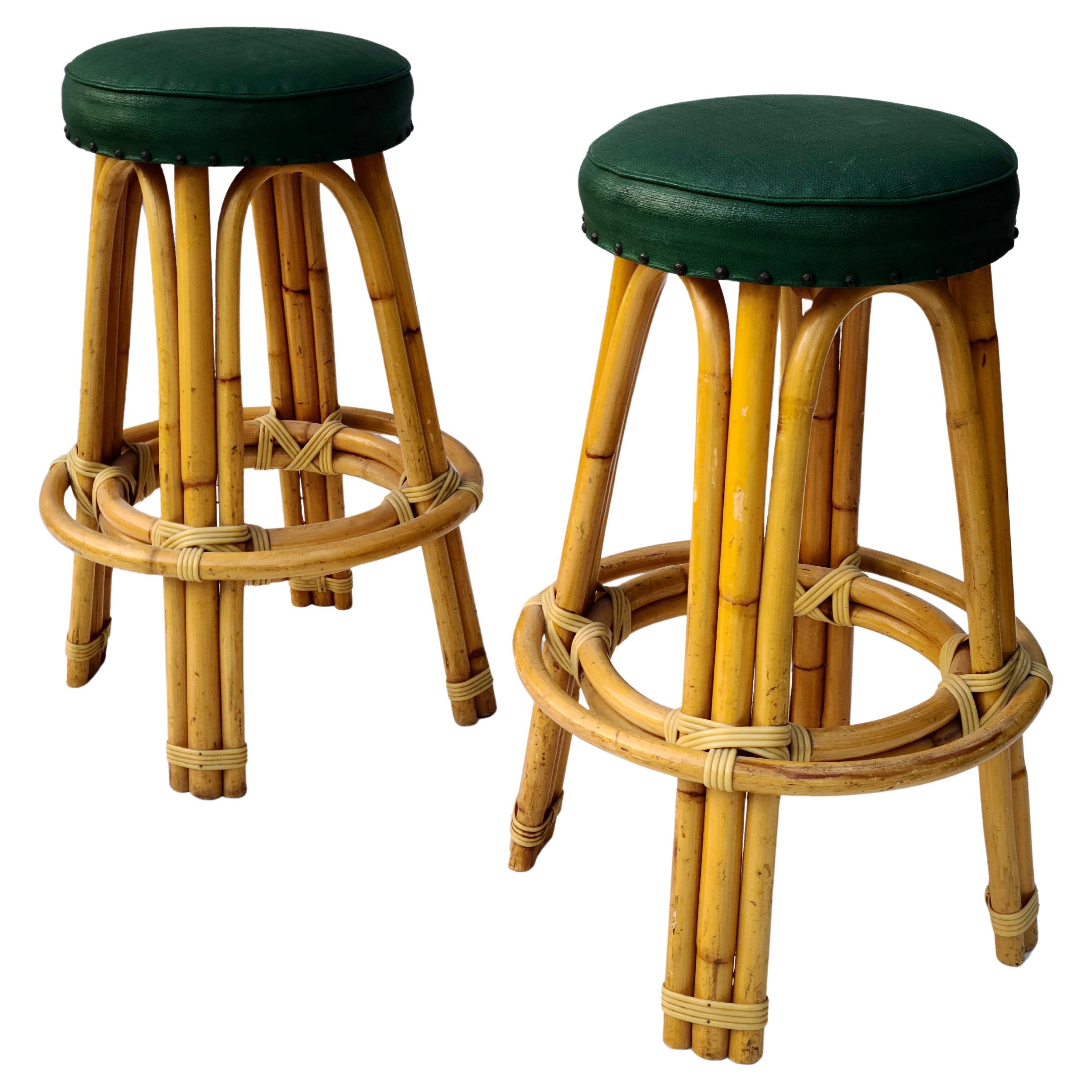 Pair Ritts Tropitan Bamboo Bar Stools Style of Paul Frankl