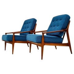 Pair Milo Baughman Thayer Coggin Archie Low Lounge Chairs Walnut Open Arm