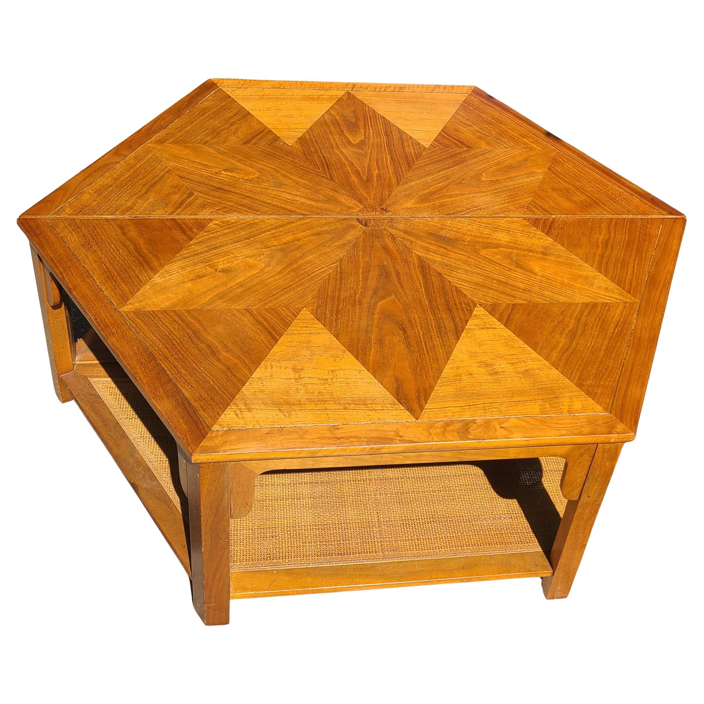Baker Furniture Walnut and Cane Hexagon Coffee Table by Winsor White For Sale