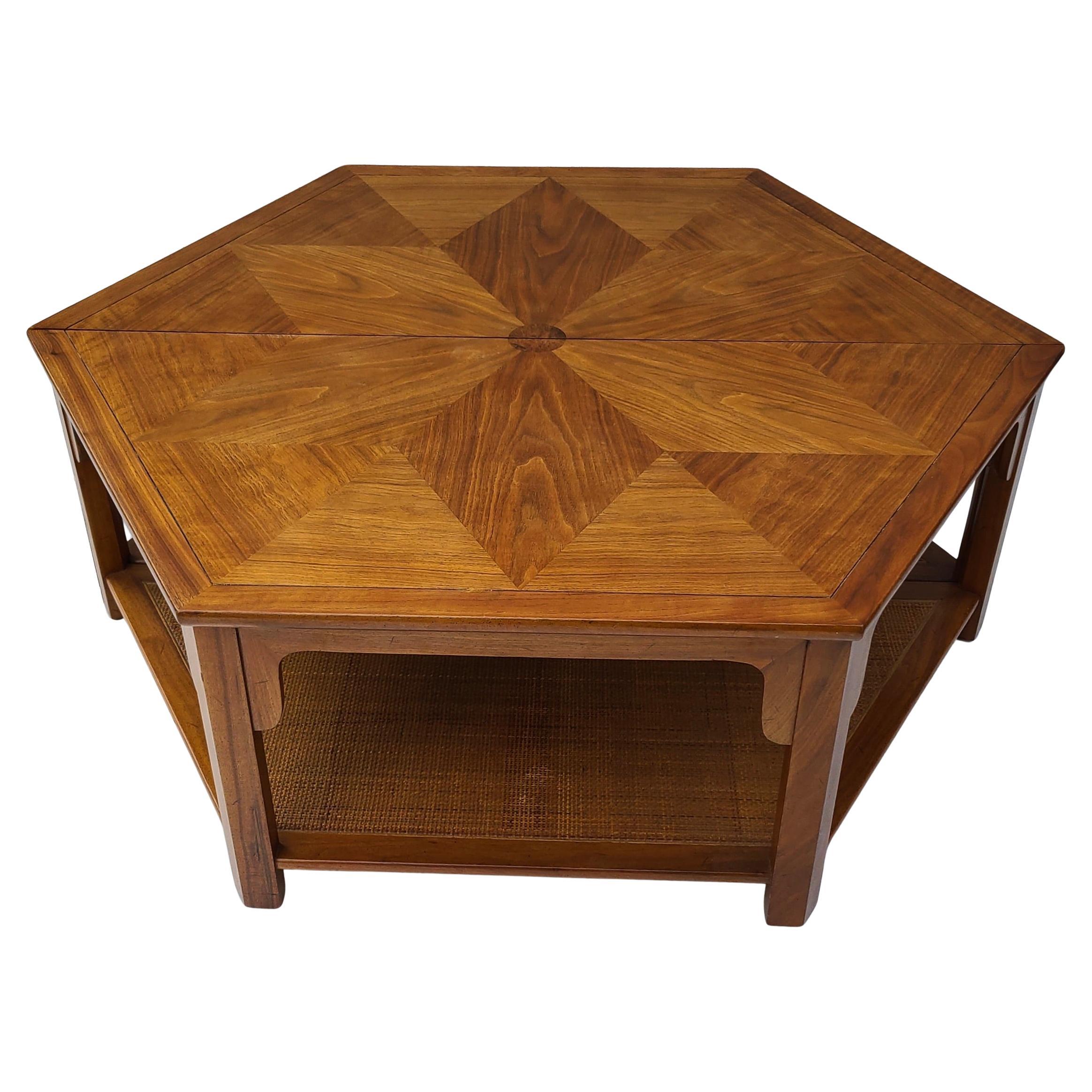 Baker Furniture Walnut and Cane Hexagon Coffee Table by Winsor White For Sale 4
