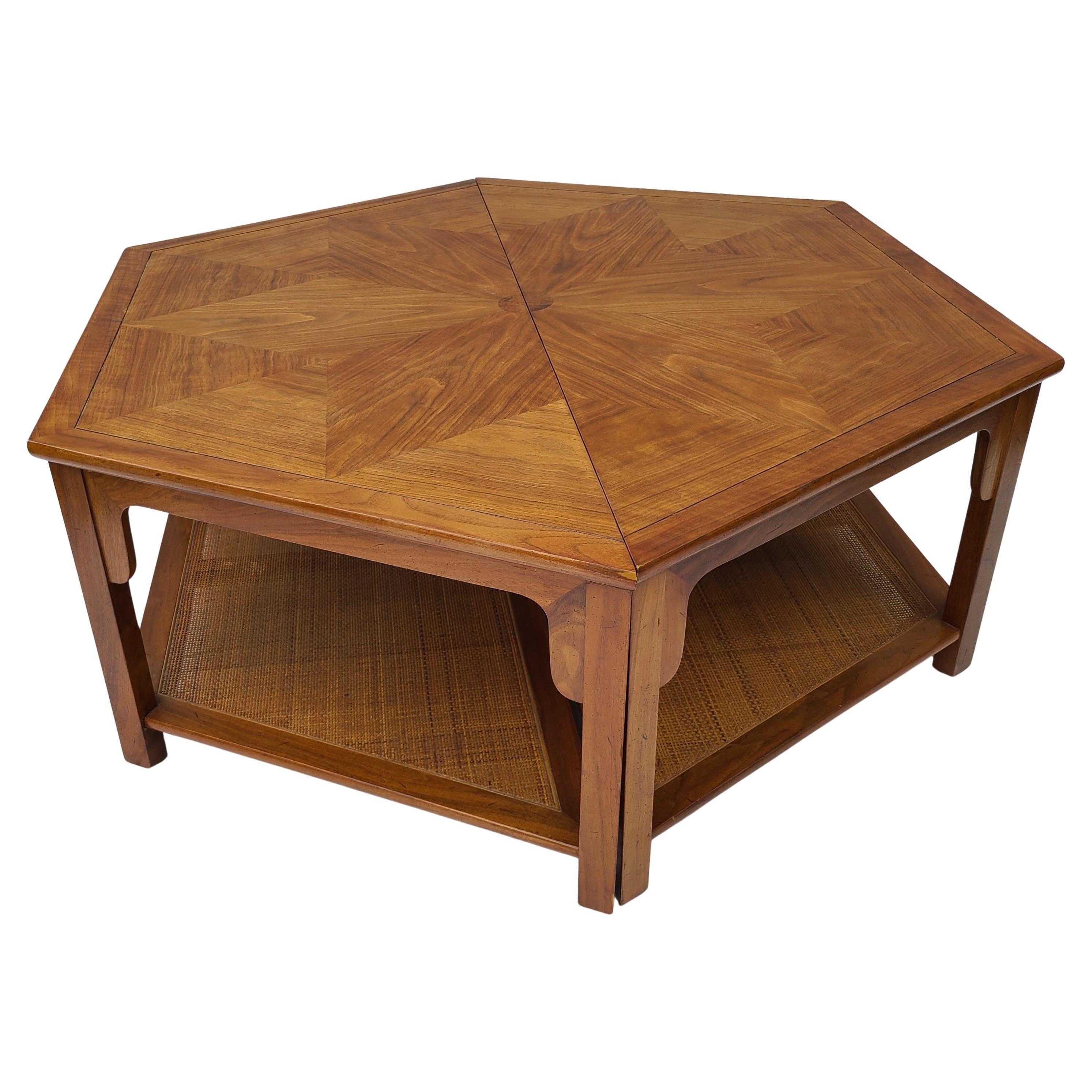 Baker Furniture Walnut and Cane Hexagon Coffee Table by Winsor White For Sale 2