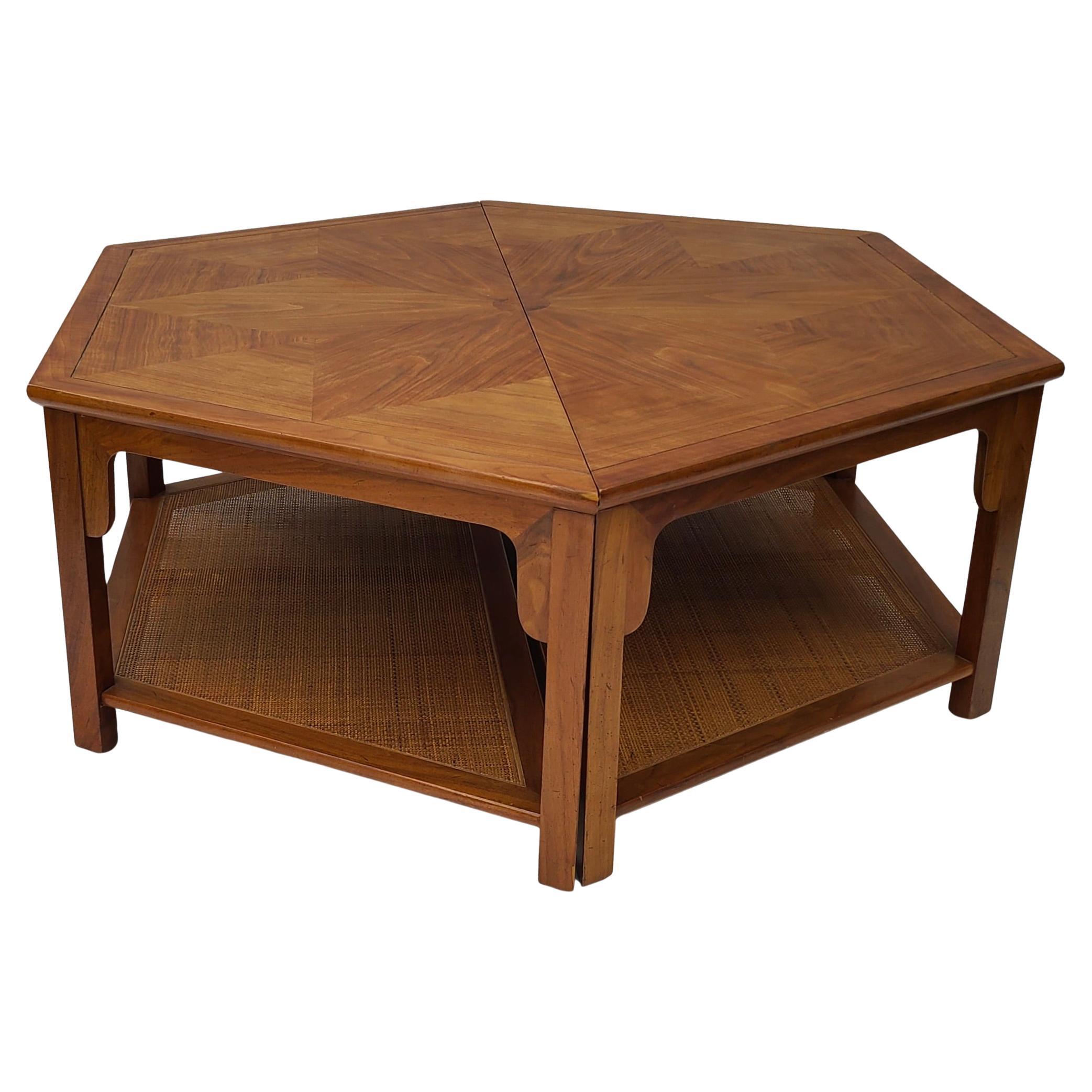Mid-20th Century Baker Furniture Walnut and Cane Hexagon Coffee Table by Winsor White For Sale