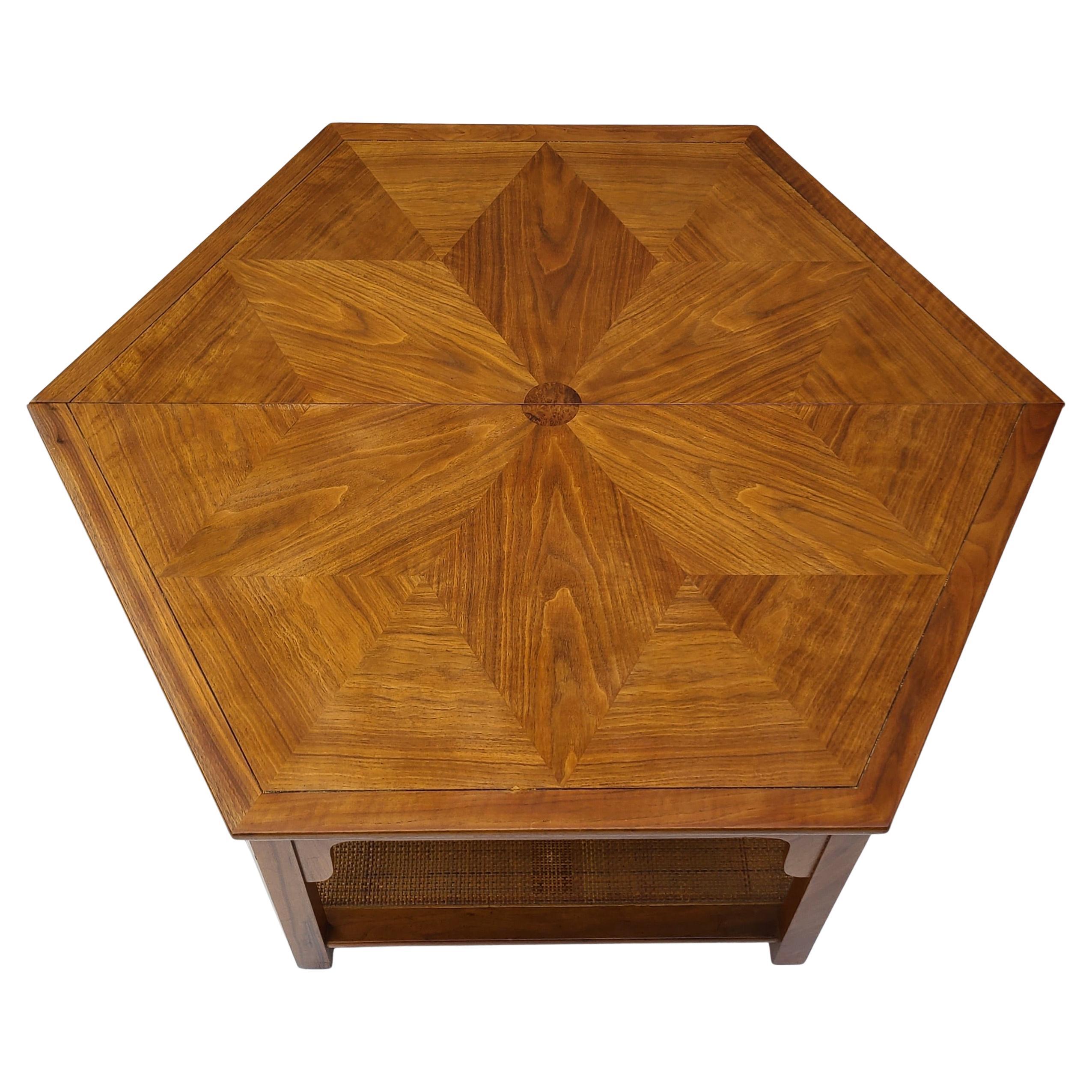 Baker Furniture Walnut and Cane Hexagon Coffee Table by Winsor White In Good Condition For Sale In Fraser, MI