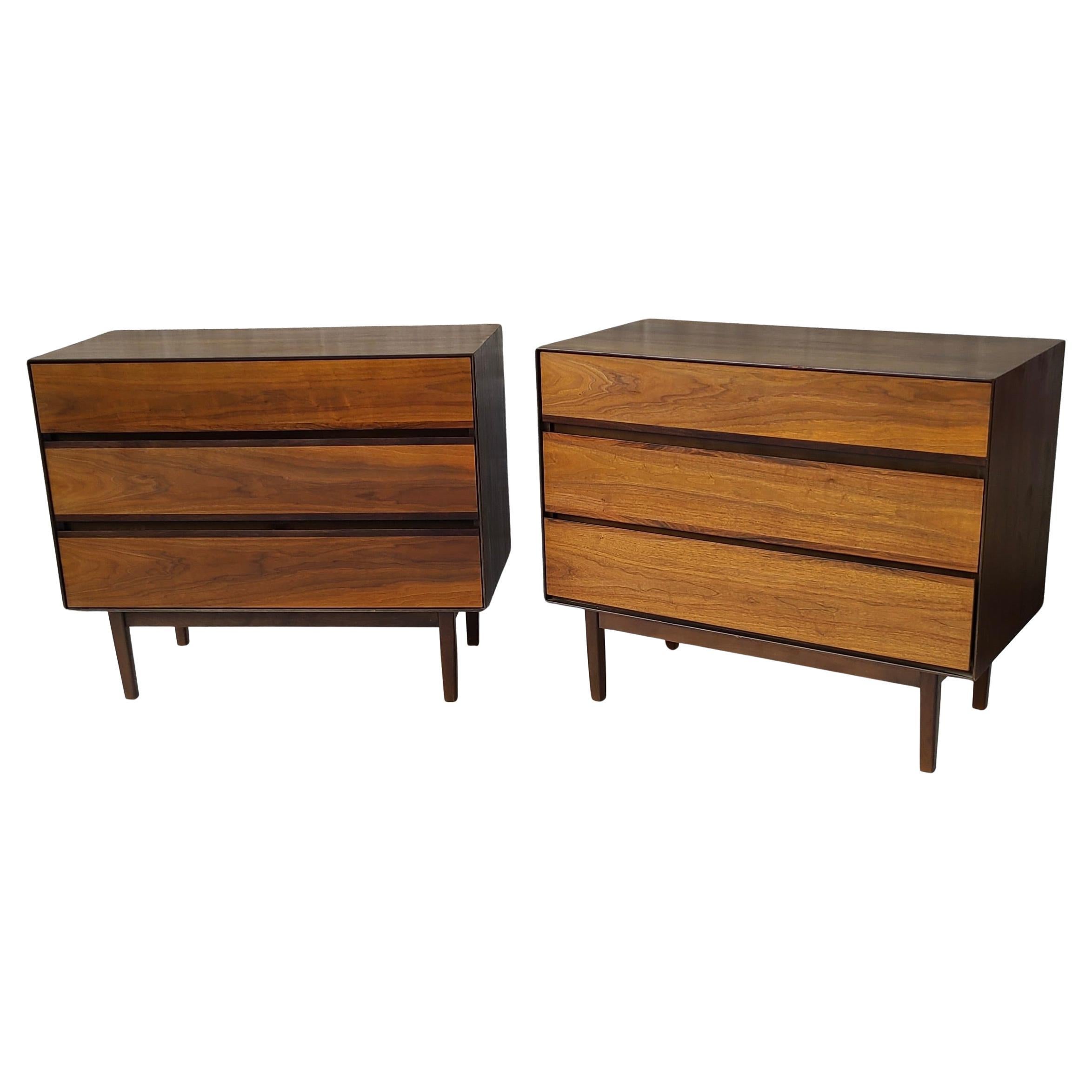 Pair Walnut and Rosewood 3 Drawer Chests by Stanley