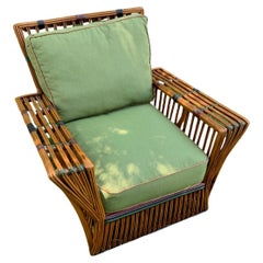 Antique Rattan / Stick Wicker Arm Chair in Natural Finish with Colored Trim